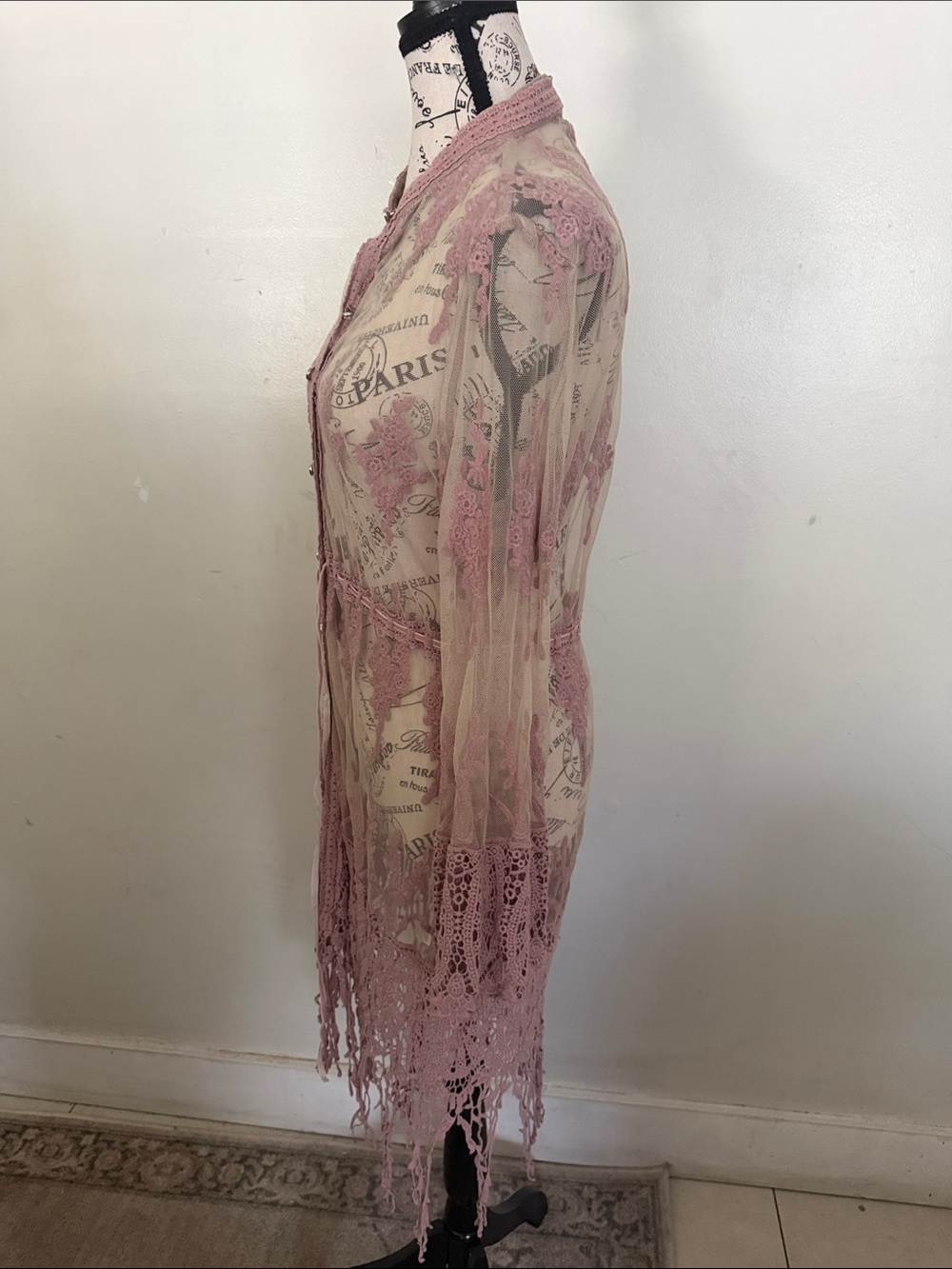 Boho Lace Fringe Sheer Kimono in Dusty Rose